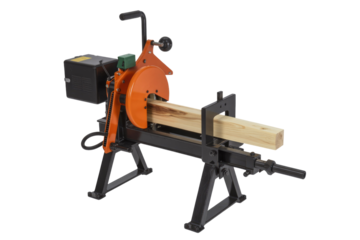 An electric log splitter machine, featuring an orange cutting mechanism, is actively processing a piece of wood. background removed