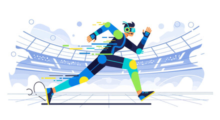 Fototapeta premium Futuristic Runner with Modern Gear in a Stadium, Motion Blur Depicting Speed and Movement