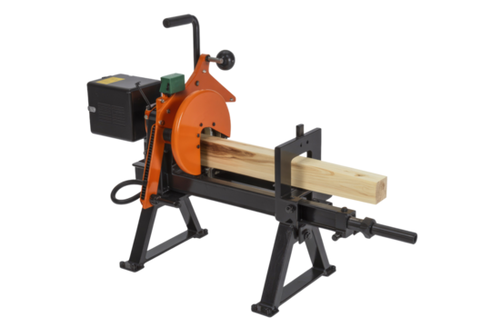 An electric log splitter machine, featuring an orange cutting mechanism, is actively processing a piece of wood. background removed