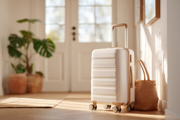 Modern white suitcase by the door in a bright room