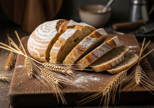 Sliced loaf with flour dust and wheat stalks atop a dark brown wooden surface - Powered by Adobe