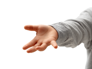 Child's outstretched hand in grey sleeve