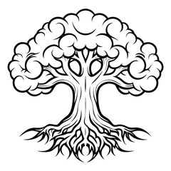 A striking tree drawing displays bold, abstract foliage and root details in dark outline