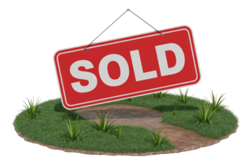 A bright red 'SOLD' sign hangs suspended above a circular patch of green grass with a winding stone path and small plants. background removed