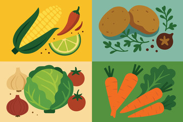 Colorful Fresh Vegetable Illustration Featuring Corn, Carrots, And Cabbage