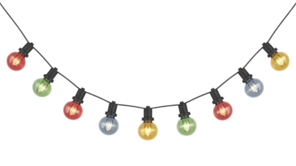 A curved string of illuminated colorful globe lights, featuring red, green, blue, and yellow bulbs, ideal for festive decor. background removed