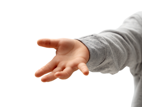 Child's outstretched hand in grey sleeve