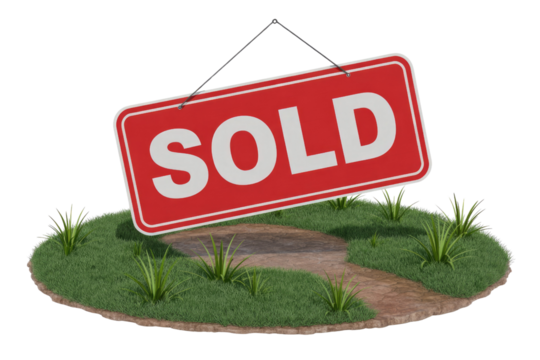A bright red 'SOLD' sign hangs suspended above a circular patch of green grass with a winding stone path and small plants. background removed