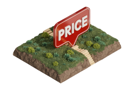 3D isometric land patch featuring lush grass, bushes, wooden stairs, and a prominent red 'PRICE' speech bubble, signifying value or cost. background removed