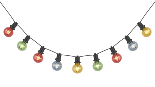 A curved string of illuminated colorful globe lights, featuring red, green, blue, and yellow bulbs, ideal for festive decor. background removed