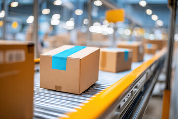 Packages on conveyor belt in warehouse