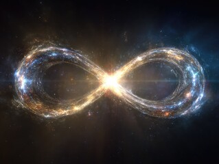 A cosmic infinity symbol glows brightly, formed by swirling galaxies and stardust across the dark expanse of space. This vibrant representation evokes endlessness and universal connection.