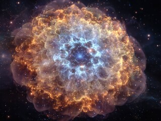 A vibrant, cosmic fractal nebula glows with a blue core surrounded by swirling orange-gold stardust, set against a star-filled dark space.