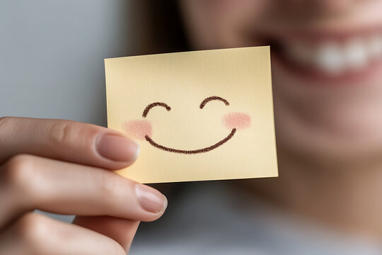Smiling is the best medicine! A cheerful hand-drawn smiley face on a yellow note card held in front of a smiling woman promotes positivity and happiness, encouraging people to share a smile.