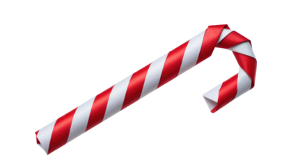 A classic red and white striped candy cane, made from twisted paper or ribbon, forming its iconic hook shape, ready for festive designs. background removed