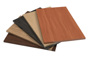 A fanned arrangement of various wood-look laminate panels showcasing different textures and colors for furniture and interior design materials. background removed