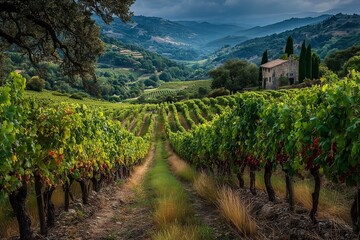 Naklejka premium vineyards on the hills, an old mansion in the background