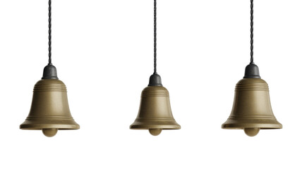 Obraz premium Three ornate brass bells hang symmetrically from black cords against a solid transparent background, evoking a festive or celebratory mood. background removed