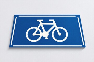 Fototapeta premium A blue rectangular sign featuring a white bicycle symbol and border, indicating a dedicated cycling path or area, mounted on a textured white wall.