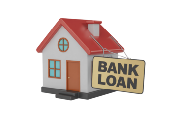 A 3D render of a stylized house with a red roof and a prominent "BANK LOAN" sign, symbolizing mortgage and home financing. background removed