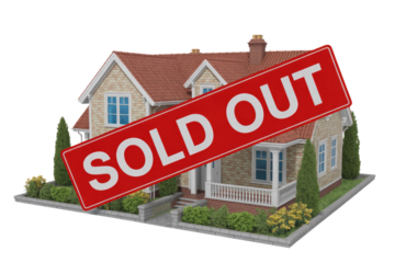 A 3D rendered house model with a large red 'SOLD OUT' sign diagonally over it, indicating the property is unavailable. background removed