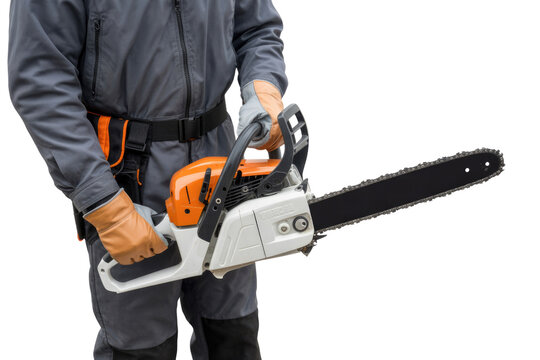 A person in grey workwear and protective gloves holds an orange and white chainsaw, ready for logging or tree maintenance. background removed