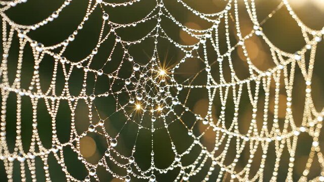 Morning dewfall on glowing spiderweb: sunlit droplets sparkle in nature's webbed tapestry