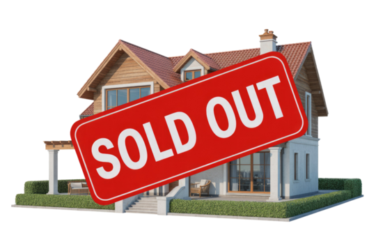 A modern two-story house with a brown roof and mixed siding, featuring a prominent red 'SOLD OUT' sign, indicating the property is sold. background removed