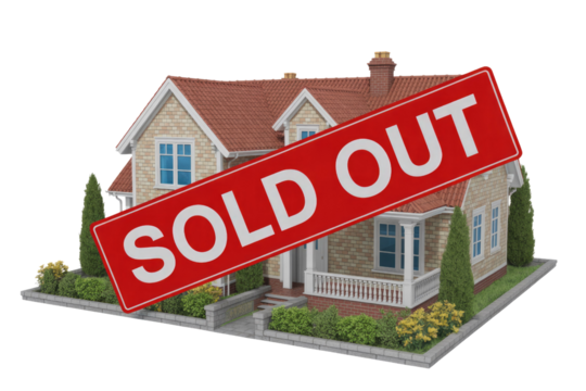 A 3D rendered house model with a large red 'SOLD OUT' sign diagonally over it, indicating the property is unavailable. background removed