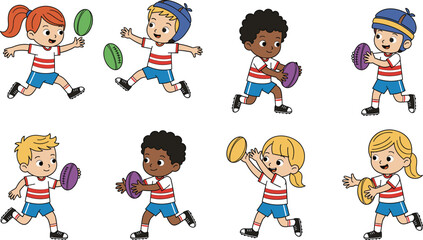 Cartoon children playing rugby, kids in striped shirts, sports activity illustration, teamwork concept, fun vector artwork, physical education design