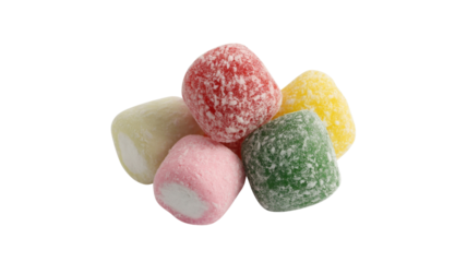 Colorful, sugar-dusted gumdrops piled together, showcasing red, yellow, green, pink, and cream confectionery treats. background removed