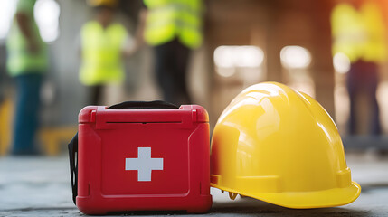 A red first aid kit sits beside a yellow hard hat at a construction site. Promoting workplace safety with accessible emergency supplies and essential protective gear for construction workers.