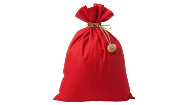 A vibrant red drawstring gift bag, cinched with a rustic rope and a festive pompom, ready for holiday presents or special delivery. background removed