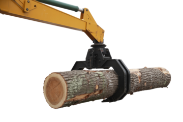 A hydraulic grapple attached to a yellow arm securely holds a large, debarked tree log against a solid transparent background, ready for transport. background removed