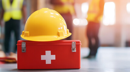 Workplace Safety: Yellow hardhat on a red first aid kit in a construction site. Focus on safety equipment, promoting a secure and healthy work environment.