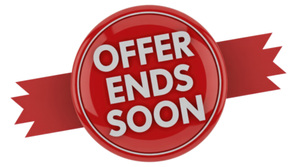 A 3D render of a glossy red circular badge with white text 'OFFER ENDS SOON' and a red banner. Ideal for promotions. background removed