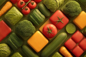 Vibrant, stylized flat lay of fresh vegetables: geometric tomatoes, broccoli, cabbage, carrots, cucumbers, and lime, arranged on a green surface.