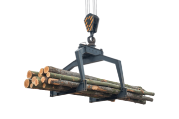 A heavy-duty crane grapple lifts a large bundle of freshly cut logs, ready for transport or processing, on a transparent background. background removed