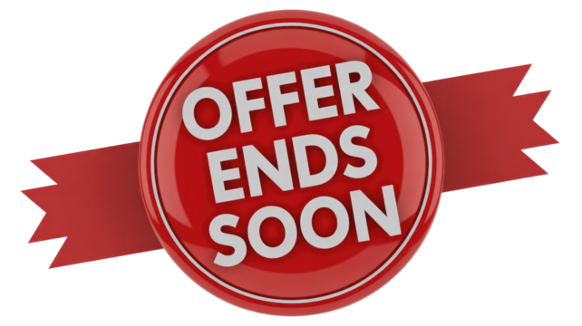 A 3D render of a glossy red circular badge with white text 'OFFER ENDS SOON' and a red banner. Ideal for promotions. background removed - Powered by Adobe