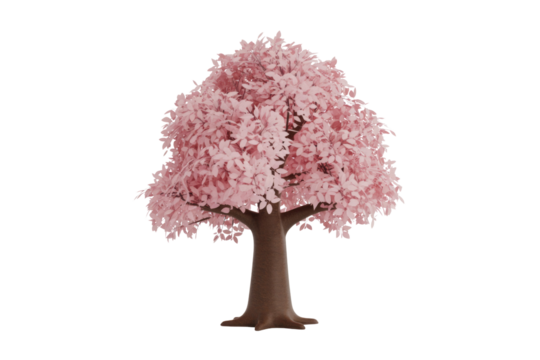 A beautiful stylized pink cherry blossom tree stands prominently, showcasing its delicate foliage on a solid transparent background. background removed