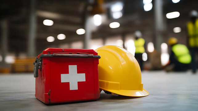 First aid kit and a helmet next to each other inside a facility, in the background workers are visible wearing safety vests. Safety at the workplace is very important.