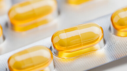 Close-up showcases the translucent amber hues of gel capsules, nestled within a pristine blister pack. Focus on wellness and health support.