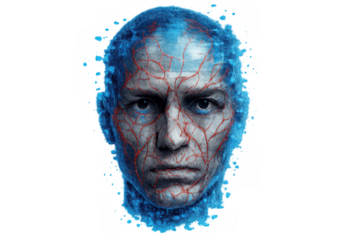 Cyborg head showing glowing blue energy and red veins, representing futuristic technology and artificial intelligence with a transparent background