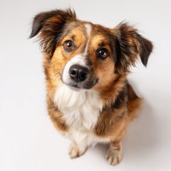 A charming tri-color dog, brown and white, sits on a clean white background, looking upward with endearing, expressive brown eyes.