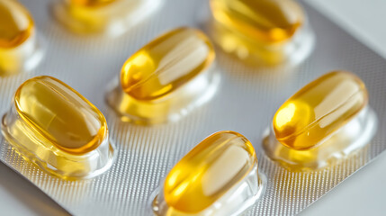 Close-up of a blister pack of golden, translucent capsules. The supplements appear glossy against the silver backing, emphasizing health and wellness through dietary aids.