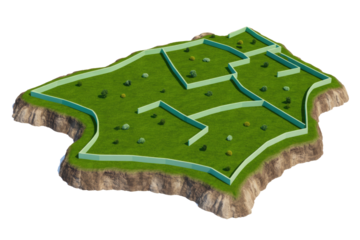 Isometric land with green grass, dividing walls, cliffs, and scattered bushes, isolated against a solid transparent background. background removed