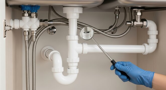 Close-up of plumber’s hands repairing drain pipe under sink, suitable for DIY or professional repair content.