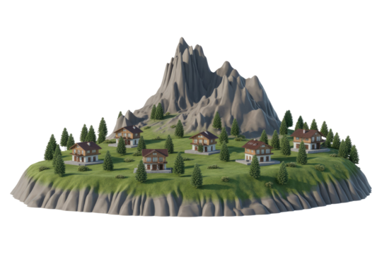 3D render of a picturesque mountain village with chalets, pine trees, and a green hill against a towering rocky peak. background removed - Powered by Adobe