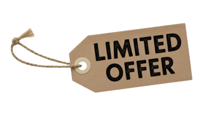 A rustic brown tag with "LIMITED OFFER" in black distressed font, tied with natural twine, indicating a special promotion. background removed