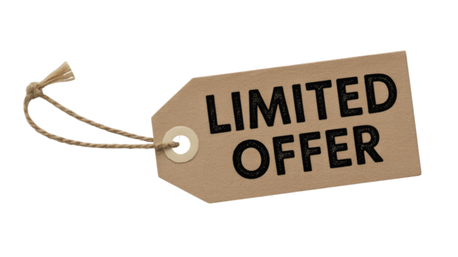 A rustic brown tag with "LIMITED OFFER" in black distressed font, tied with natural twine, indicating a special promotion. background removed